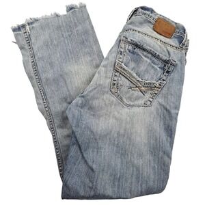 BKE Denim Derek Jeans Mens 33L Light Wash Bootcut Distressed Back Pockets Casual